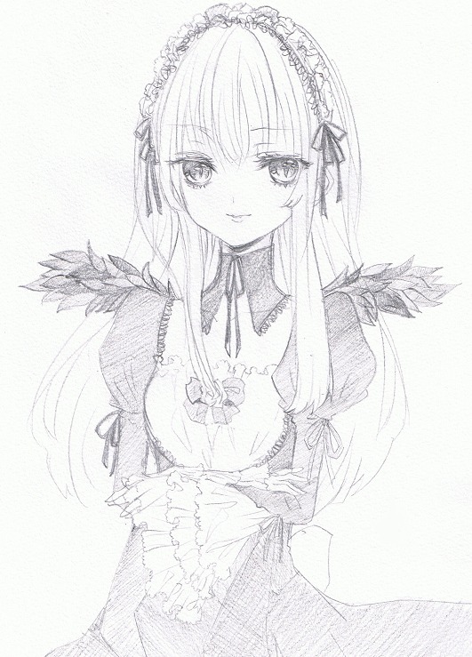 1girl bangs blunt_bangs commentary_request crossed_arms detached_collar dress eyebrows_visible_through_hair flower frilled_sleeves frills graphite_(medium) greyscale hairband image juliet_sleeves light_smile long_hair long_sleeves looking_at_viewer mini_wings monochrome puffy_sleeves raymie0124 ribbon rozen_maiden simple_background slit_pupils smile solo suigintou traditional_media upper_body white_background wide_sleeves wings