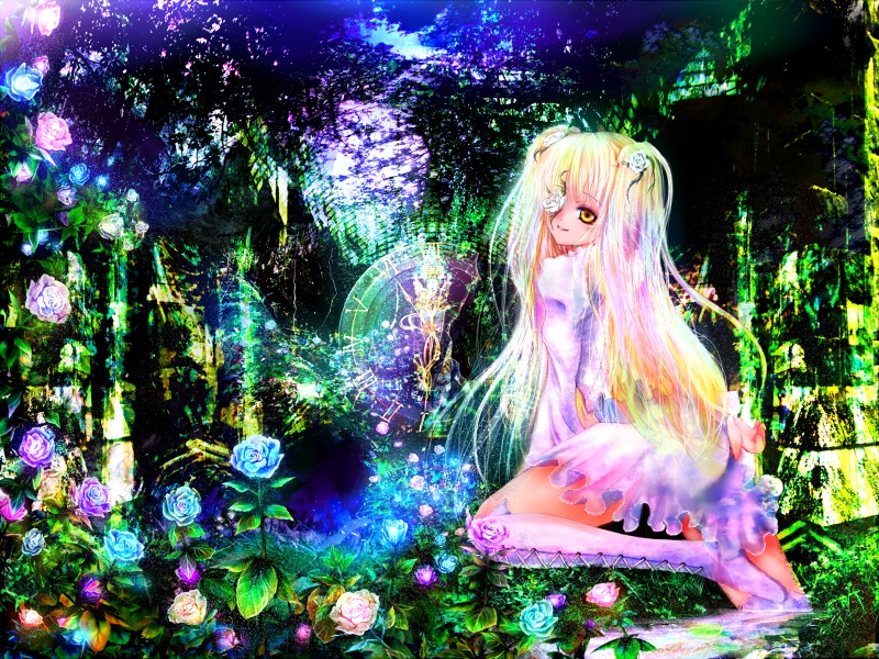 1girl barefoot blonde_hair blue_flower blue_rose colorful dress flower hydrangea image kirakishou long_hair plant purple_flower purple_rose rose sitting sky solo twintails two_side_up very_long_hair vines white_dress yellow_eyes