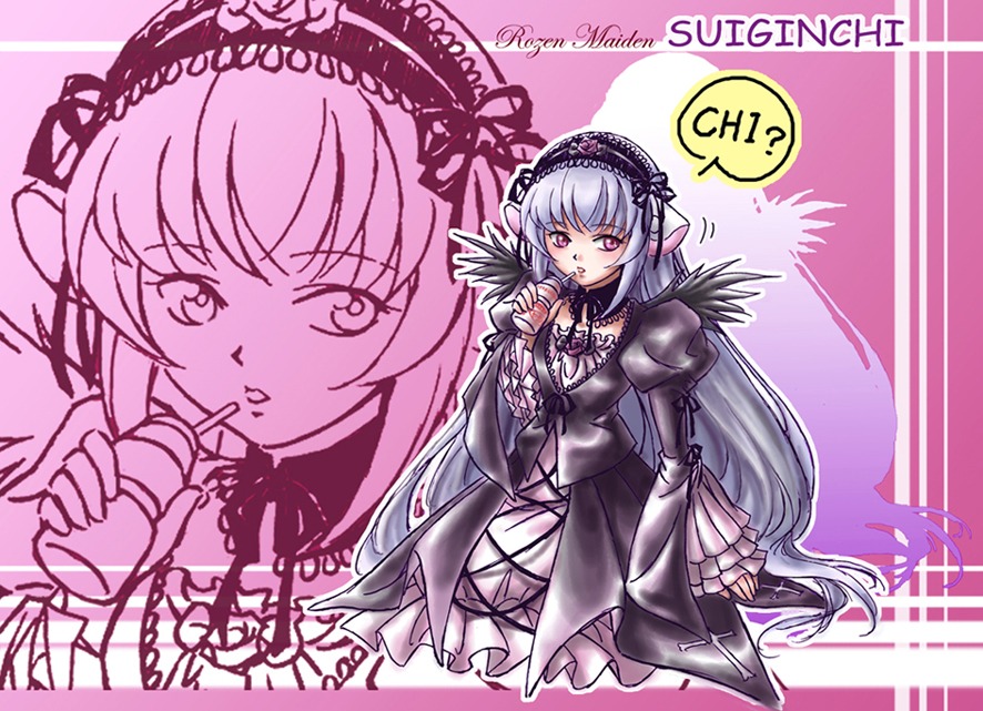 1girl detached_collar dress flower frills hairband image juliet_sleeves lolita_hairband long_hair long_sleeves looking_at_viewer pink_eyes rose solo suigintou very_long_hair wings