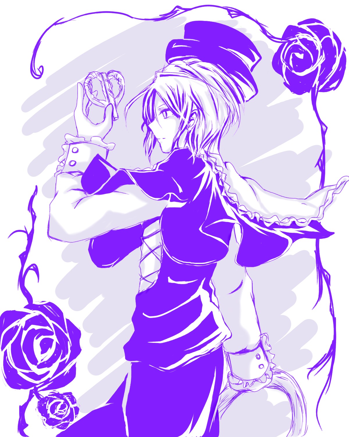 1girl blue_rose dress flower image long_sleeves monochrome purple_flower purple_rose purple_theme rose solo souseiseki