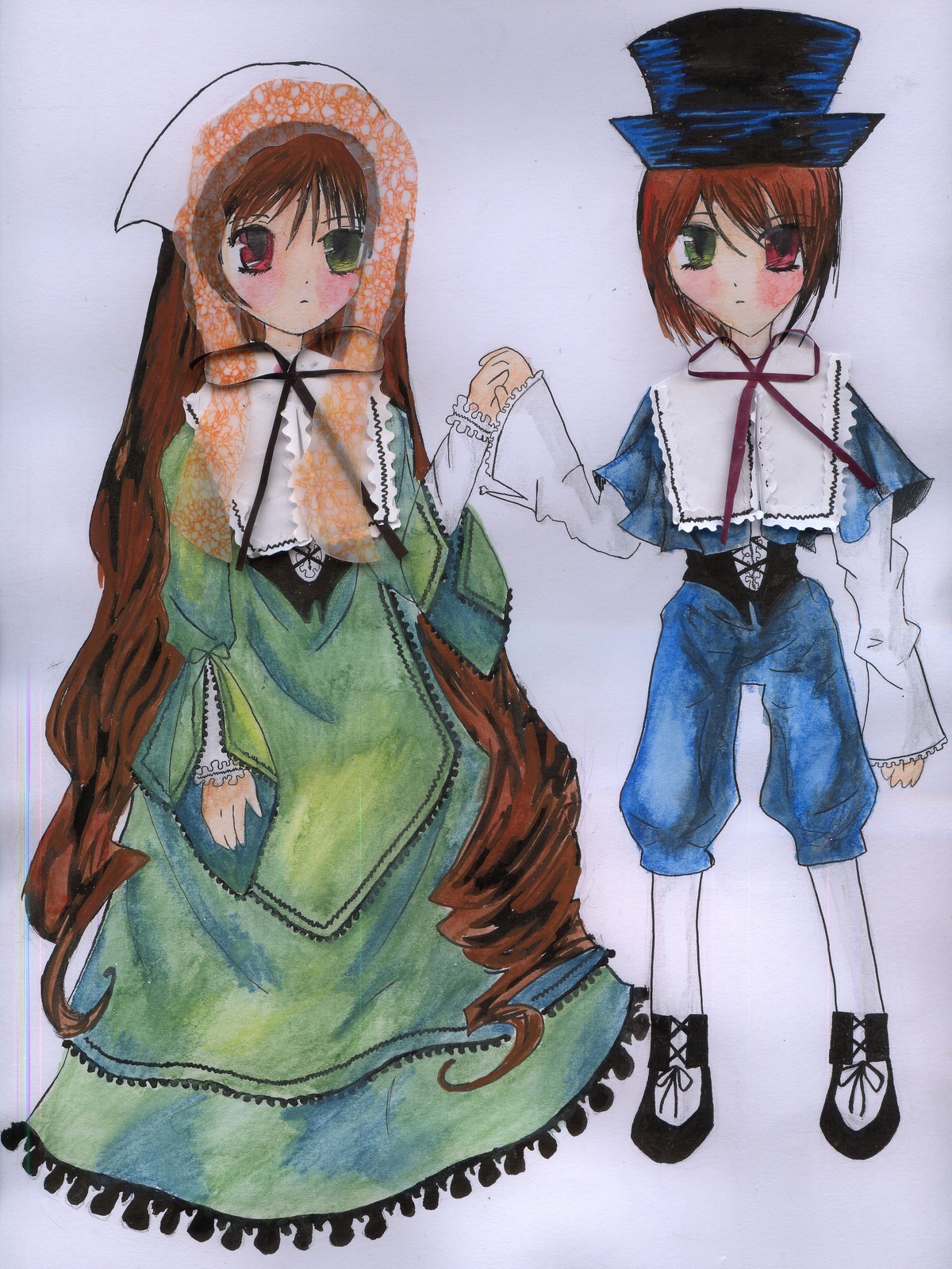 2girls blue_dress blush brown_hair dress frills full_body green_dress green_eyes hat head_scarf heterochromia holding_hands image long_hair long_sleeves looking_at_viewer multiple_girls pair red_eyes short_hair siblings simple_background sisters souseiseki standing suiseiseki top_hat twins very_long_hair white_legwear