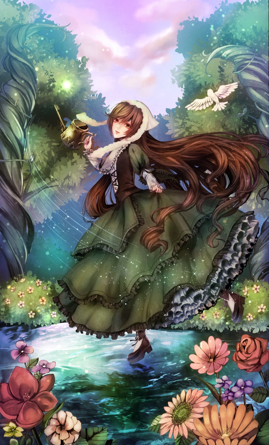 1girl auto_tagged bird brown_hair cloud dress flower frills green_dress image lake long_hair long_sleeves looking_at_viewer nature outdoors red_eyes red_flower rose sky solo suiseiseki tree very_long_hair water