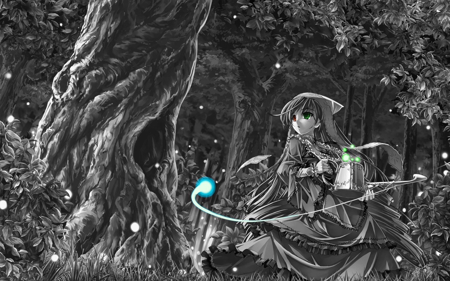 1girl flower forest green_eyes hood image long_hair monochrome nature plant solo spot_color staff suiseiseki