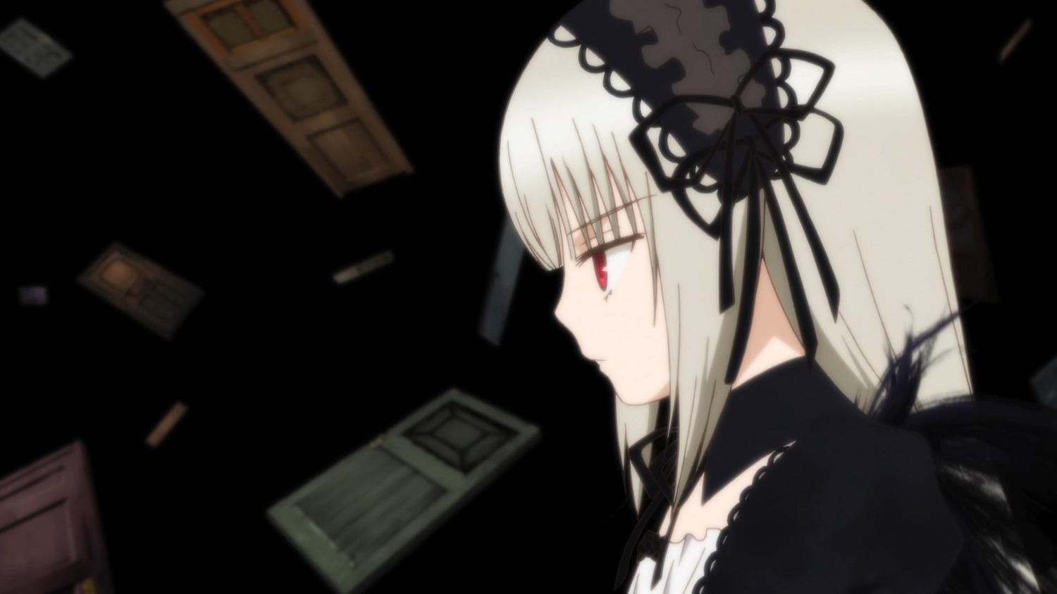 1girl black_ribbon black_wings closed_mouth dress flower frills hairband image long_hair long_sleeves profile puffy_sleeves red_eyes ribbon silver_hair simple_background solo suigintou wings