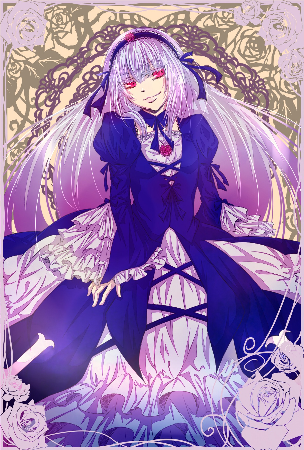 1girl dress flower frills hairband image long_hair long_sleeves looking_at_viewer purple_flower purple_rose red_eyes rose smile solo suigintou very_long_hair white_rose