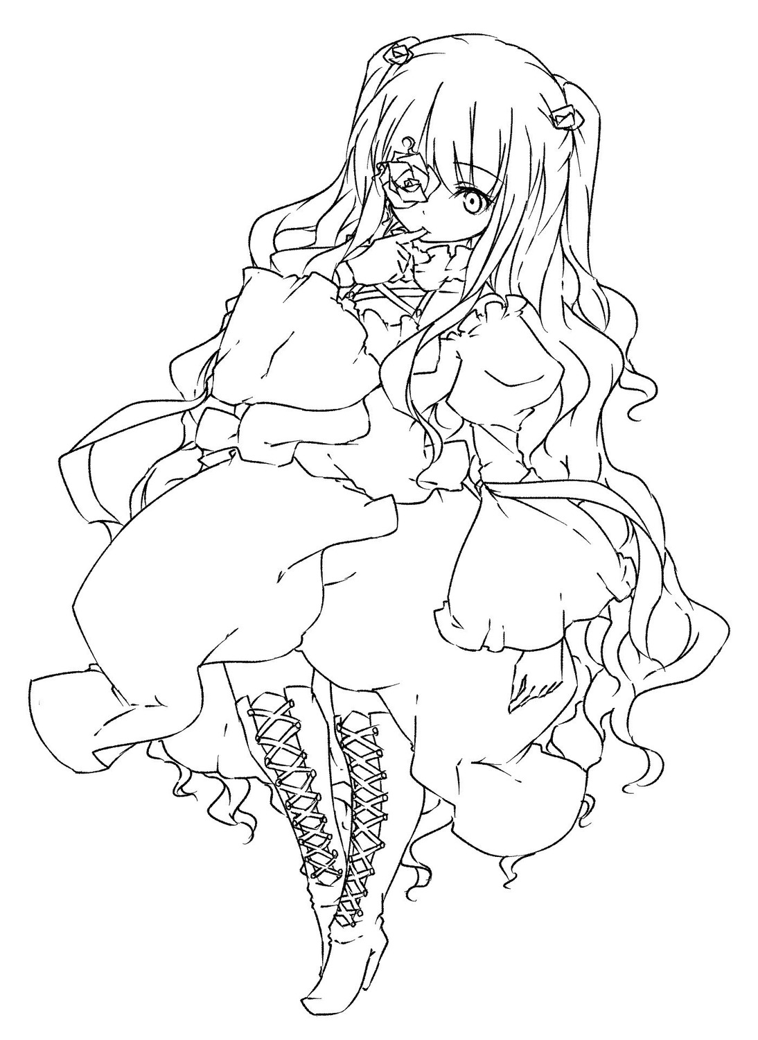 1girl boots cross-laced_footwear dress full_body greyscale hair_bobbles hair_ornament image kirakishou lace-up_boots long_hair long_sleeves monochrome sitting solo striped two_side_up very_long_hair