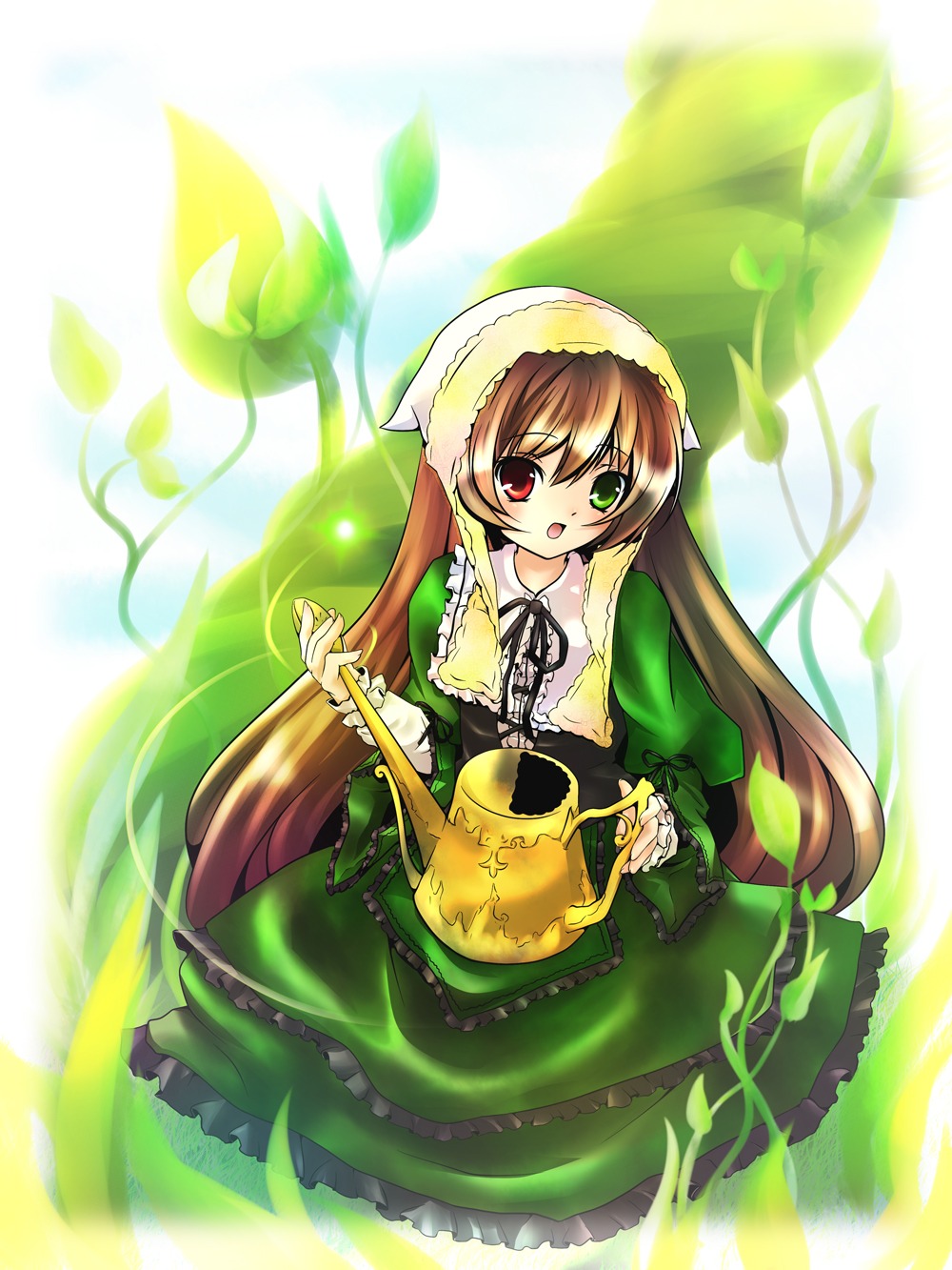 1girl akina_(schism) bad_id bad_pixiv_id blush brown_hair dress frills full_body green_dress green_eyes heterochromia highres holding image long_hair long_sleeves looking_at_viewer open_mouth plant red_eyes rozen_maiden solo suiseiseki twintails very_long_hair watering_can