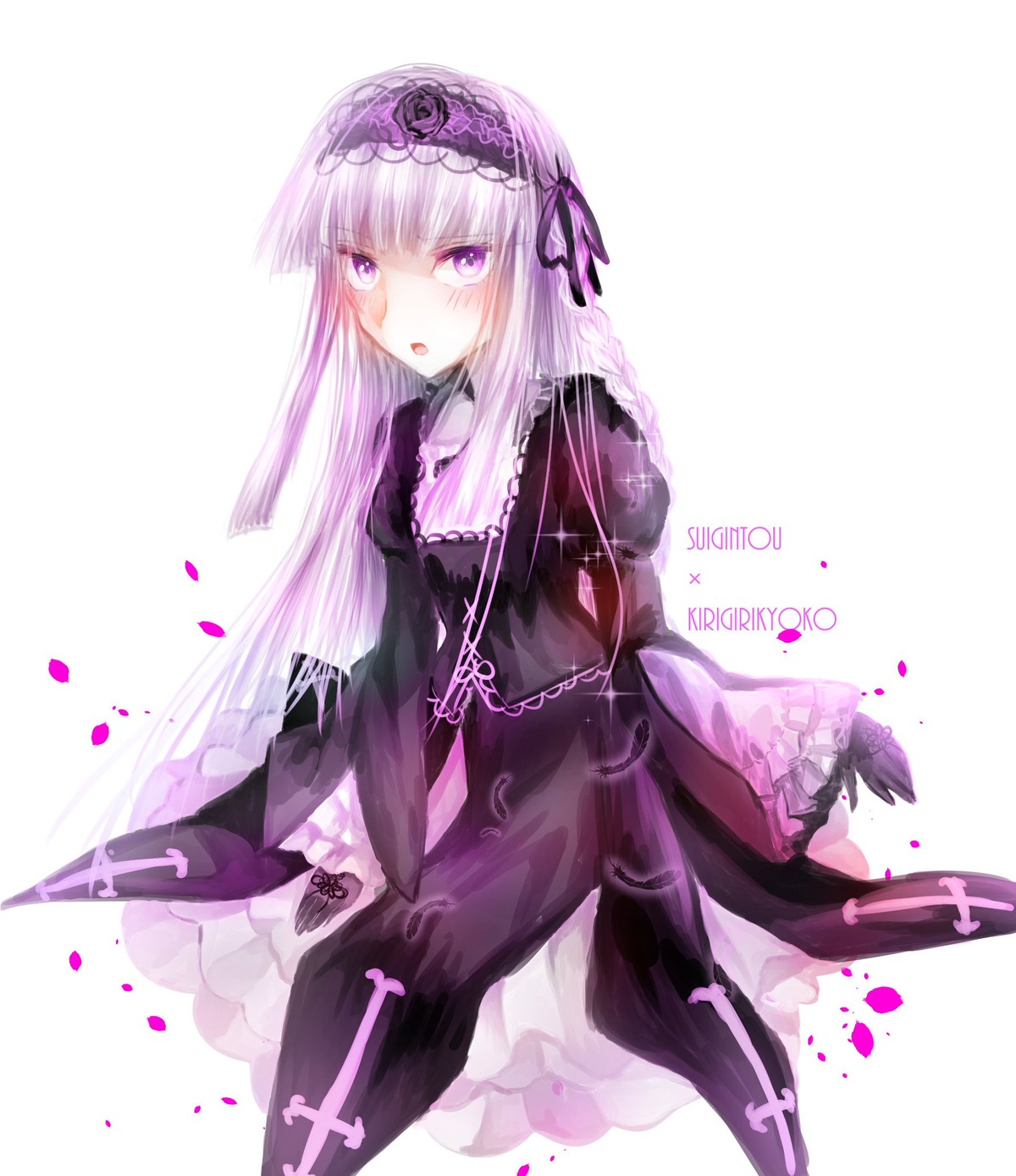 1girl :o blush dress flower hairband image lolita_hairband long_hair long_sleeves looking_at_viewer open_mouth purple_dress purple_eyes ribbon solo striped suigintou vertical_stripes