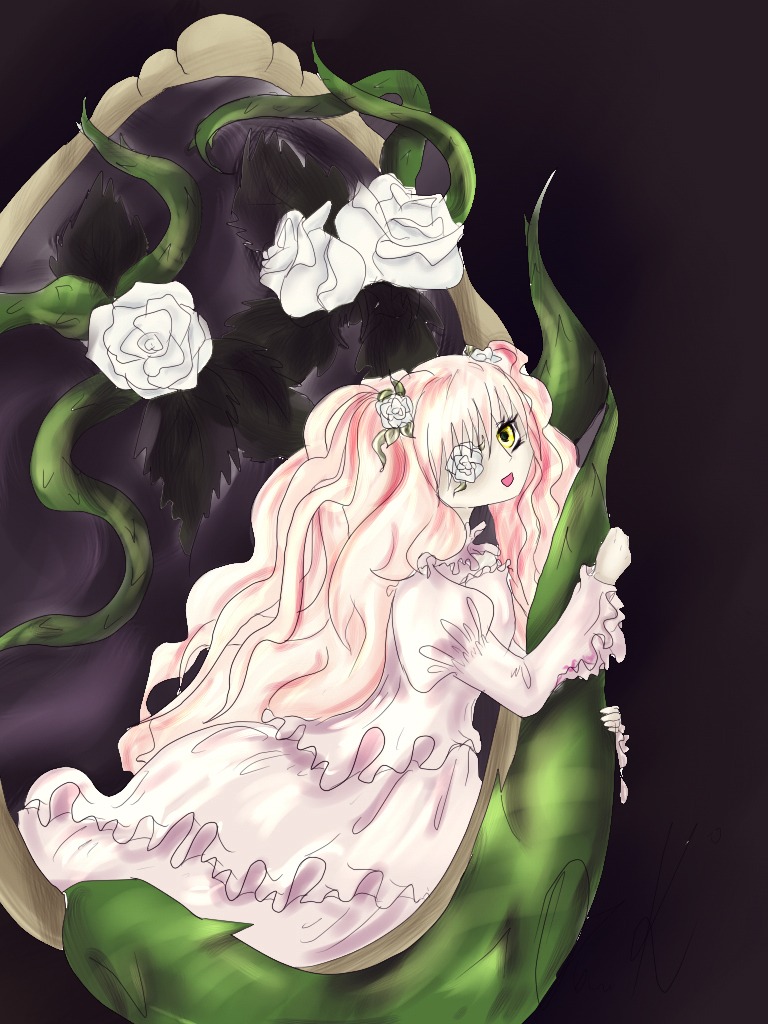 1girl dress eyepatch flower hair_ornament image kirakishou long_hair monster_girl pink_hair rose solo thorns very_long_hair vines white_flower white_rose yellow_eyes