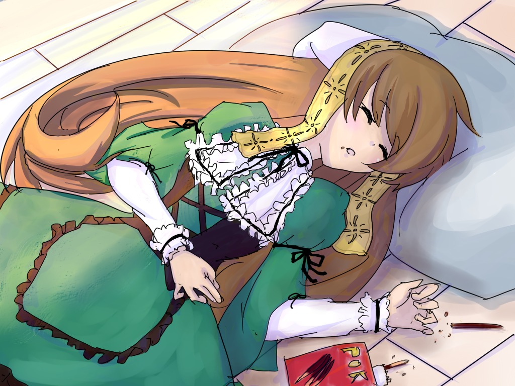 1girl auto_tagged brown_hair closed_eyes dress frills green_dress image long_hair long_sleeves lying on_back pillow sleeping solo suiseiseki very_long_hair