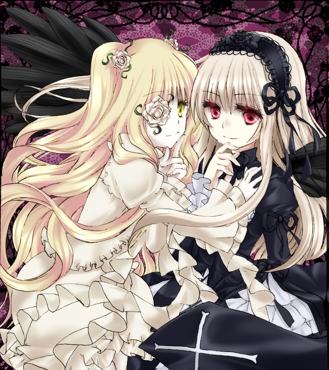 2girls black_wings blonde_hair doll_joints dress flower frills green_eyes hairband image joints kirakishou lolita_fashion long_hair long_sleeves looking_at_viewer multiple_girls pair red_eyes rose silver_hair smile suigintou very_long_hair wings