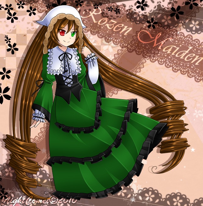 1girl brown_hair corset dress drill_hair frills green_dress green_eyes head_scarf heterochromia image long_hair long_sleeves looking_at_viewer red_eyes ringlets smile solo suiseiseki twin_drills very_long_hair