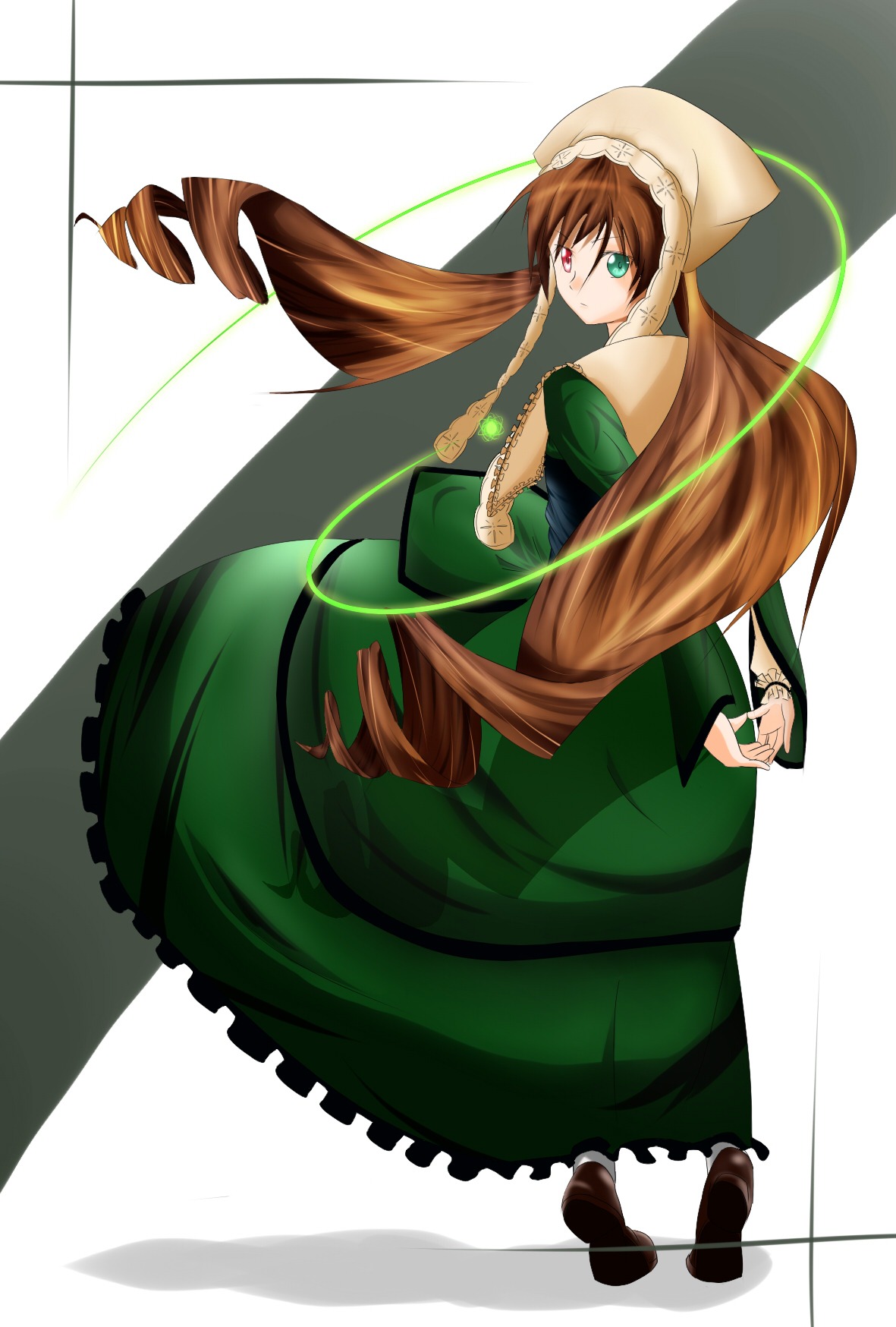 1girl brown_hair dress drill_hair frills full_body green_dress green_eyes hat head_scarf heterochromia image long_hair long_sleeves looking_at_viewer looking_back red_eyes shoes solo standing suiseiseki twin_drills twintails very_long_hair