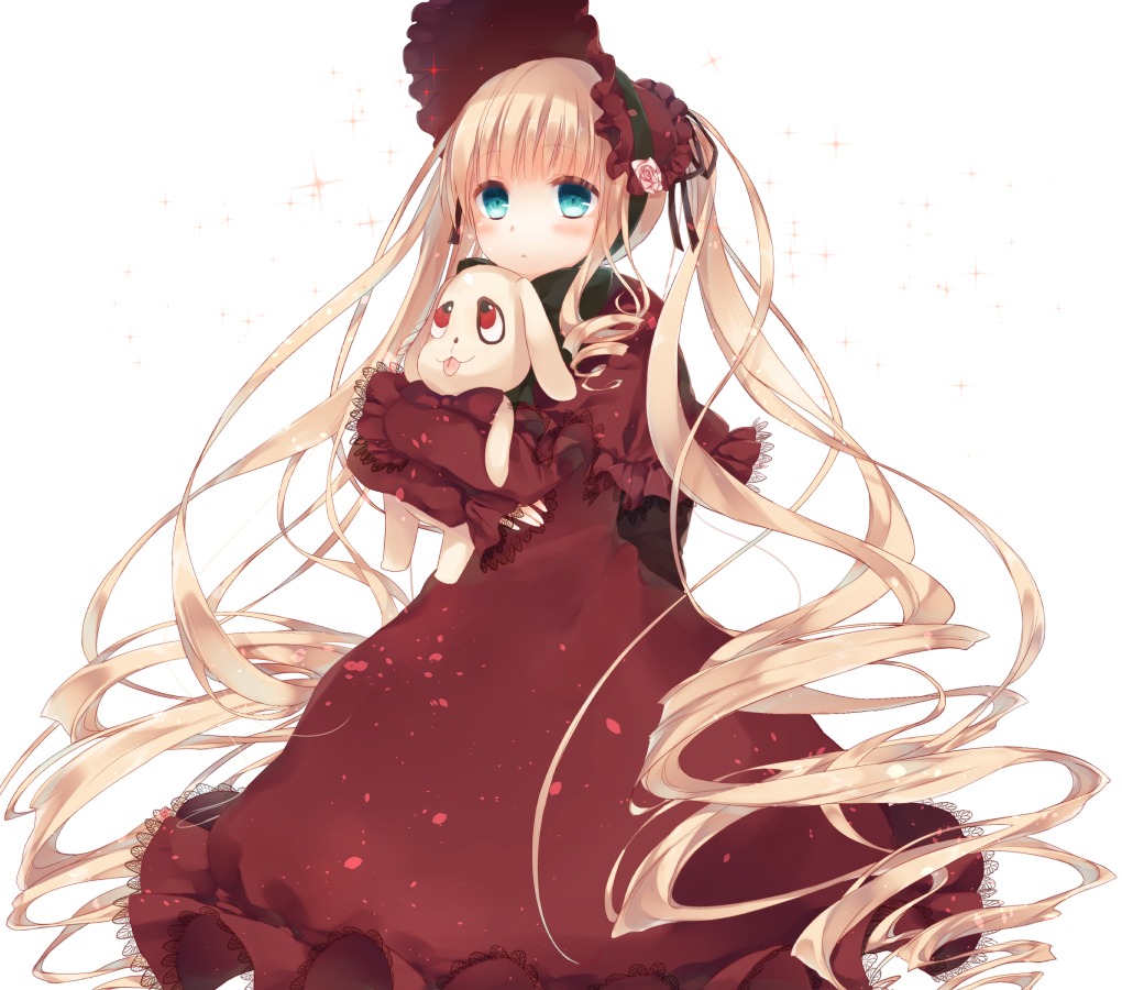 1girl aqua_eyes blonde_hair blue_eyes blush bonnet bow commentary_request doll_hug dress drill_hair flower image komeshiro_kasu kunkun lace lace-trimmed_dress lace_trim long_hair object_hug red_dress rose rozen_maiden shinku solo stuffed_animal very_long_hair white_background