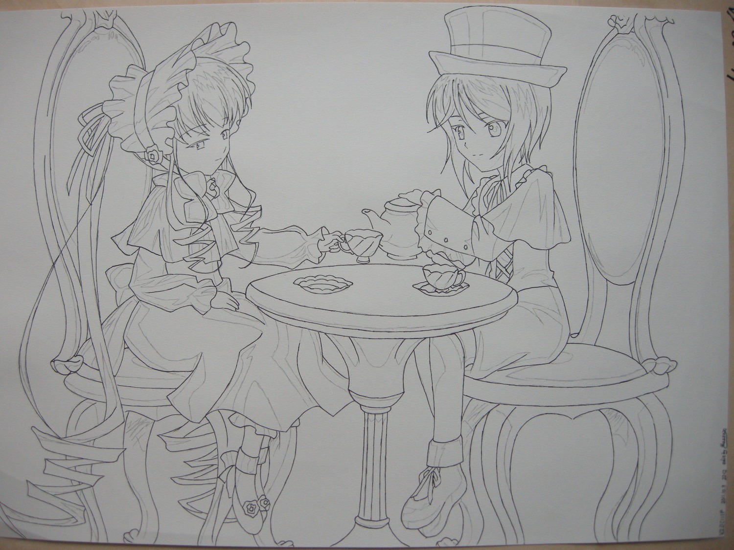 2girls boots bow capelet cup dress hat image lineart long_hair long_sleeves monochrome multiple_girls pair shinku short_hair sitting smile souseiseki teacup top_hat