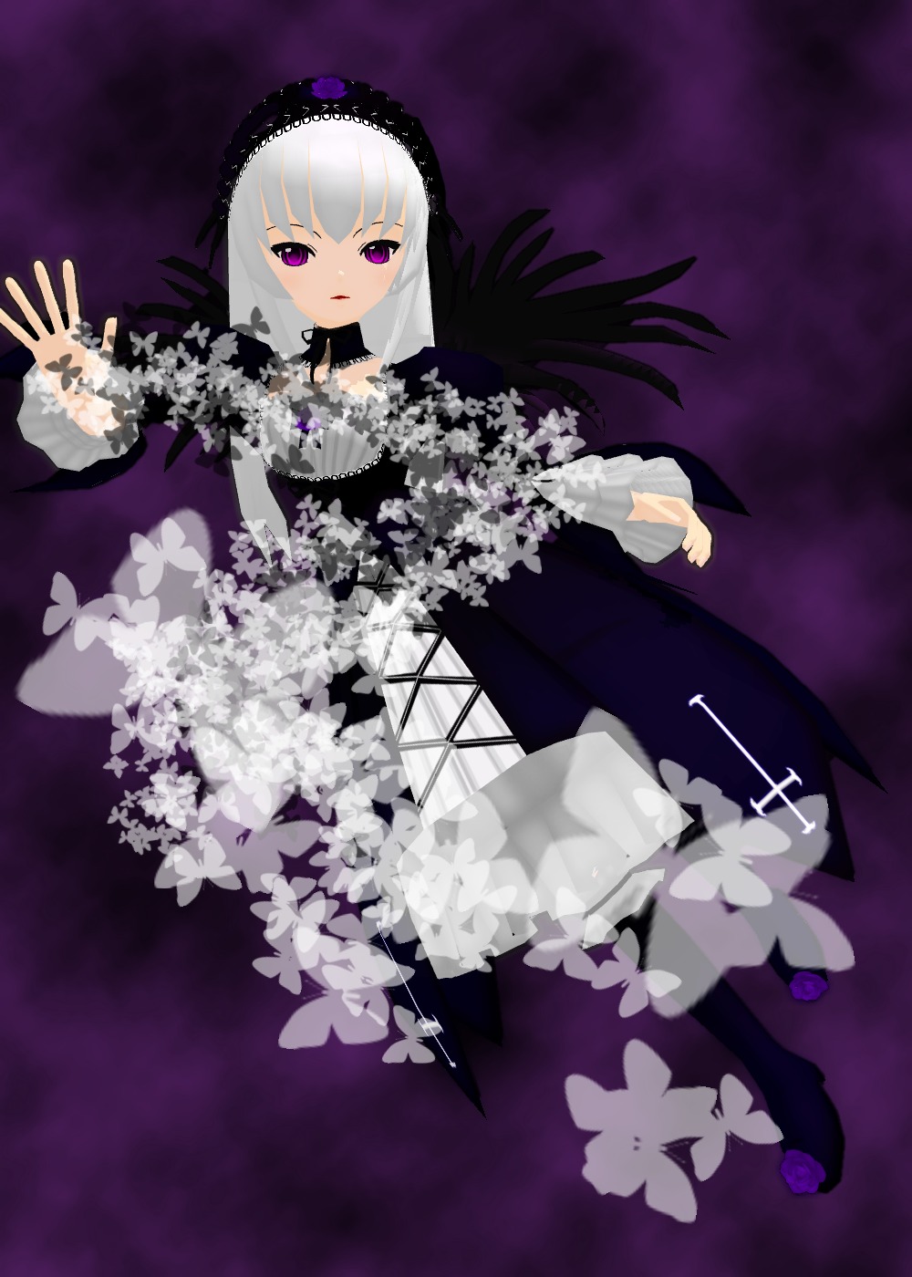 1girl black_wings dress flower frills full_body hairband image long_hair long_sleeves looking_at_viewer purple_background purple_eyes silver_hair solo suigintou wings