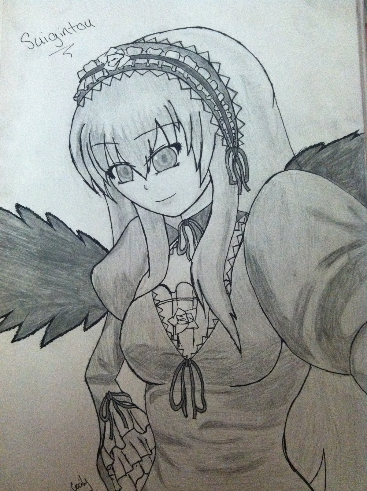 1girl black_wings breasts detached_collar dress feathered_wings frills hairband image long_hair long_sleeves looking_at_viewer monochrome ribbon shikishi signature smile solo suigintou traditional_media upper_body wings