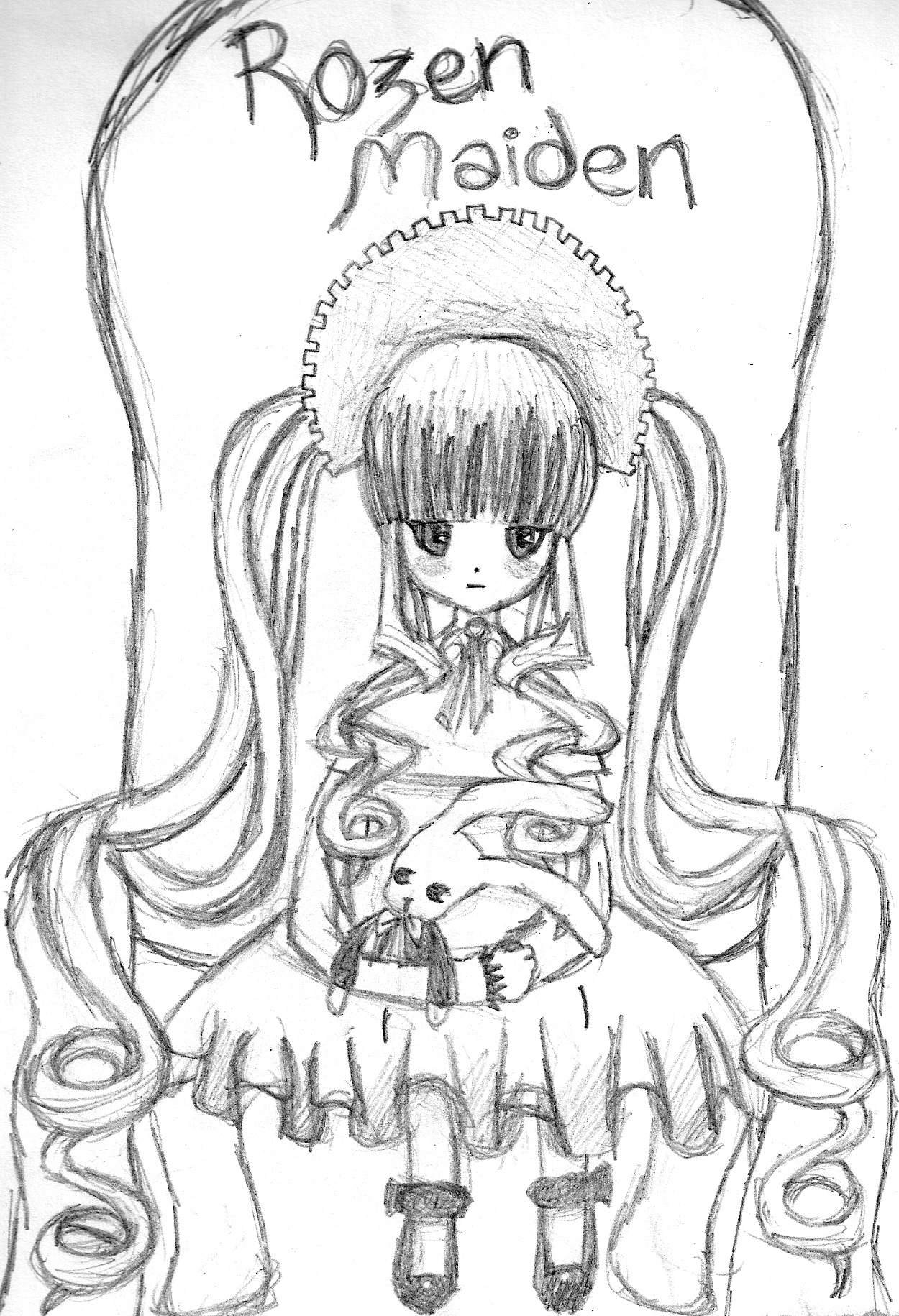 1girl blush bonnet dress drill_hair frills full_body greyscale image long_hair long_sleeves looking_at_viewer monochrome shinku simple_background solo standing traditional_media twin_drills twintails very_long_hair white_background