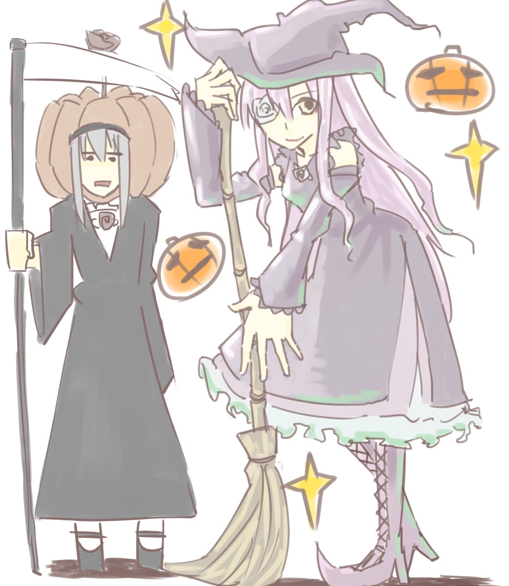 1girl broom detached_sleeves dress halloween halloween_costume hat image jack-o'-lantern kirakishou long_hair mask pair pumpkin sparkle star_(symbol) suigintou witch witch_hat