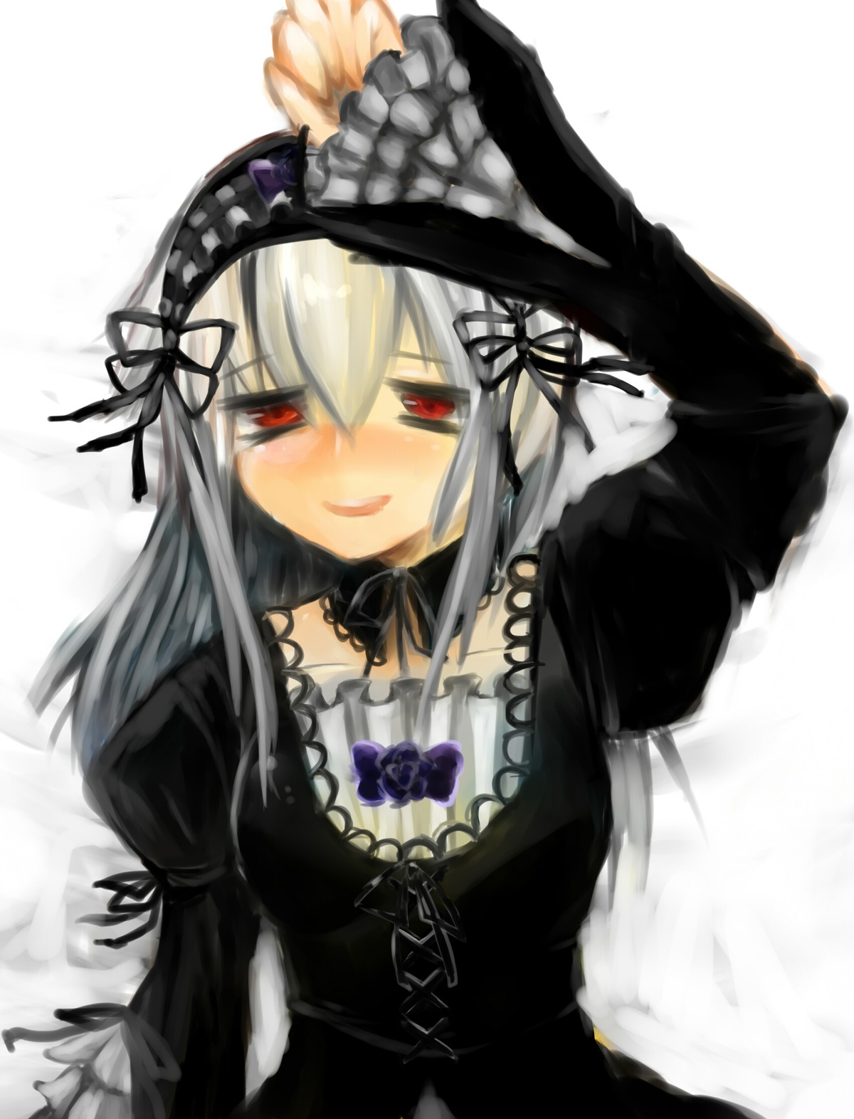 1girl bangs black_dress black_ribbon blush cross-laced_clothes detached_collar dress frills hairband image juliet_sleeves lolita_hairband long_hair long_sleeves looking_at_viewer puffy_sleeves red_eyes ribbon silver_hair smile solo suigintou upper_body white_background wings