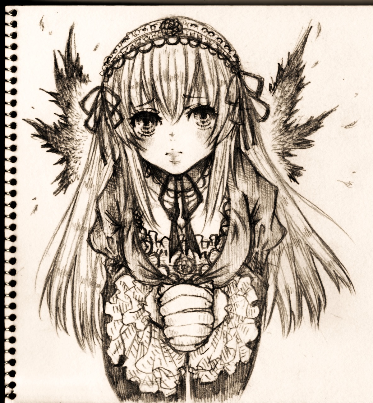 1girl detached_collar dress flower frills greyscale hairband image letterboxed long_hair long_sleeves looking_at_viewer monochrome ribbon rose simple_background solo suigintou traditional_media upper_body very_long_hair wings