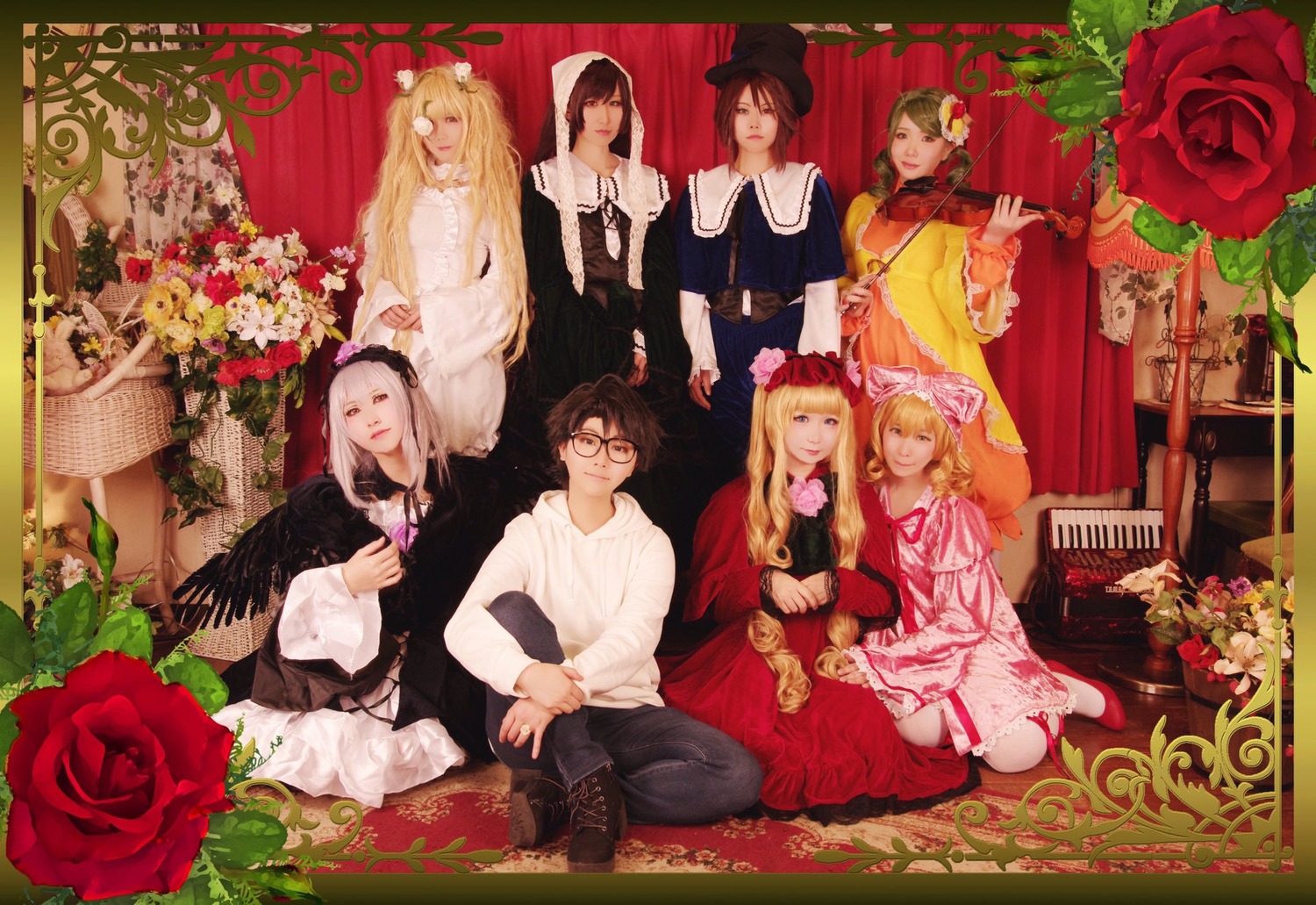 6+girls angel_wings apron bird black_hair blonde_hair bow camellia dress flower hair_ornament hat jewelry long_hair long_sleeves multiple_boys multiple_cosplay multiple_girls pink_flower pink_rose red_flower red_rose rose short_hair sitting tagme thorns