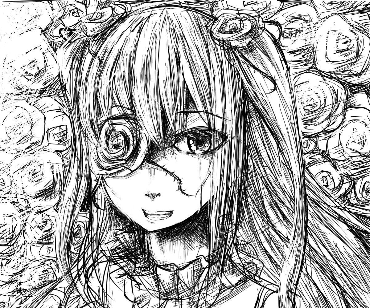 1girl blood close-up greyscale image kirakishou looking_at_viewer monochrome short_hair solo tears