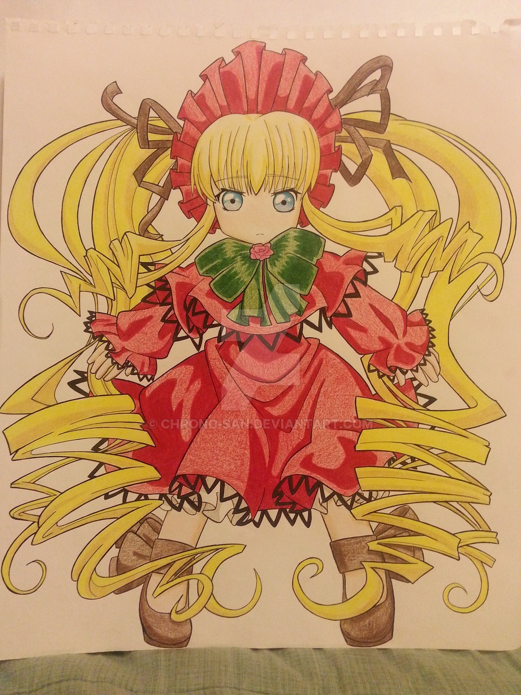 1girl 86800 blonde_hair blue_eyes bonnet bow bowtie dress drill_hair frills full_body green_bow image long_hair long_sleeves looking_at_viewer photo red_dress shinku simple_background solo standing traditional_media twin_drills twintails very_long_hair