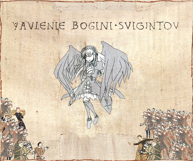 6+girls beige_background black_wings boots dress feathered_wings frills hairband image long_hair long_sleeves looking_at_viewer monochrome multiple_girls ribbon solo standing suigintou thighhighs wings