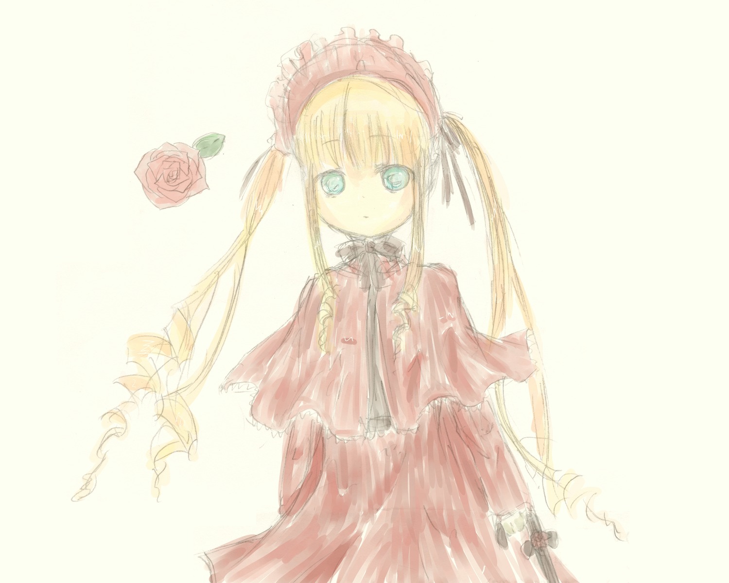 1girl blonde_hair blue_eyes bow capelet dress flower image long_hair long_sleeves looking_at_viewer pink_rose red_flower red_rose rose shinku simple_background solo striped twintails very_long_hair