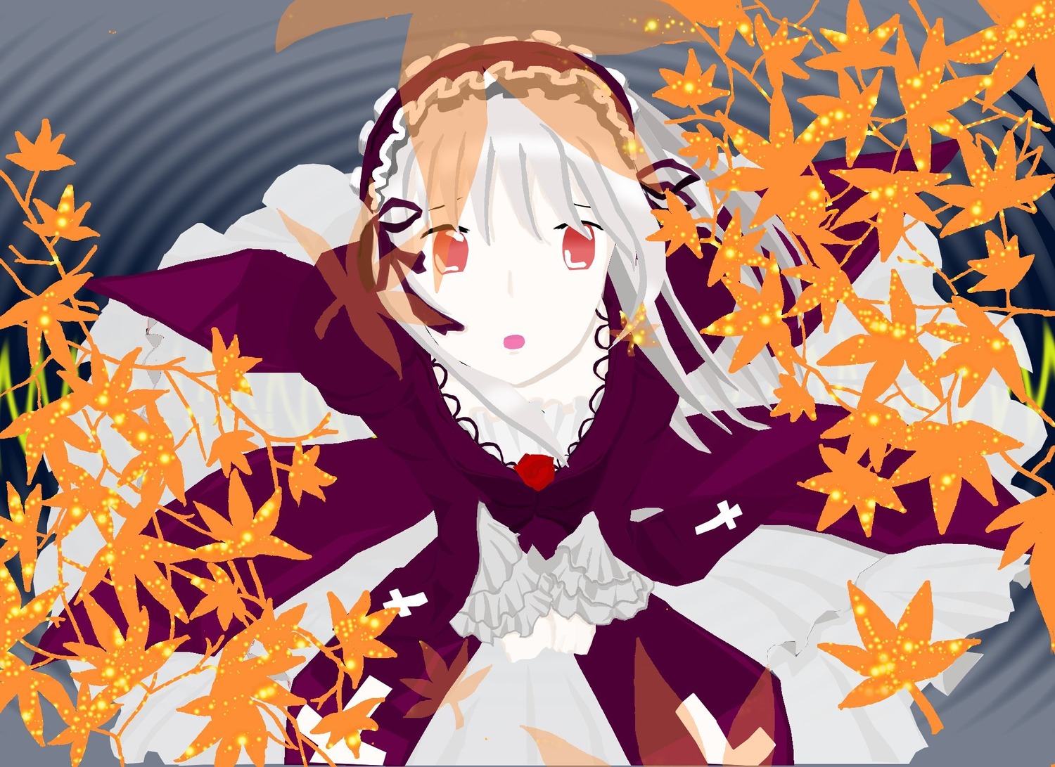 1girl anger_vein autumn autumn_leaves dress falling_leaves frills hairband holding_leaf image leaf leaf_hair_ornament leaf_print lolita_hairband long_hair long_sleeves looking_at_viewer maple_leaf open_mouth red_eyes silver_hair solo suigintou