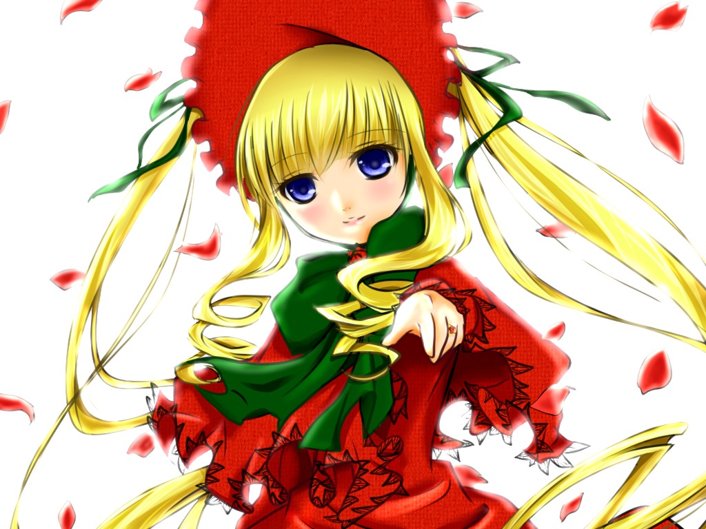 1girl blonde_hair blue_eyes bonnet bow bowtie dress flower green_bow green_neckwear image long_hair long_sleeves looking_at_viewer petals red_dress rose_petals shinku sidelocks simple_background smile solo twintails very_long_hair white_background