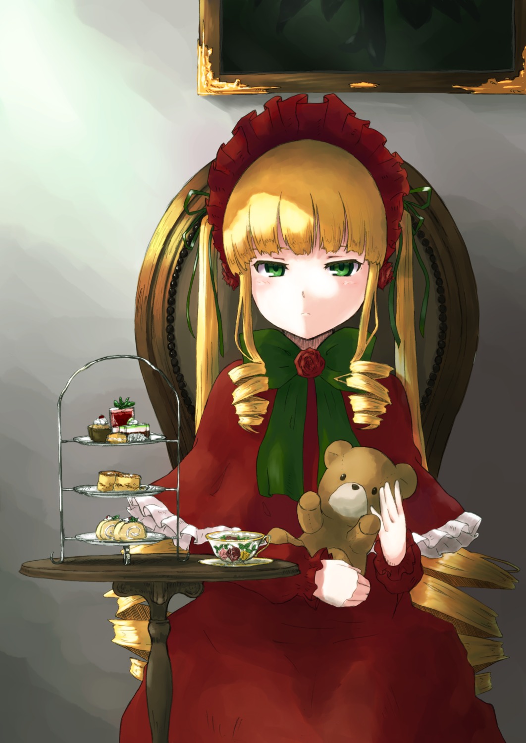 1girl blonde_hair bonnet cup dress drill_hair flower food image long_hair rose shinku solo twintails