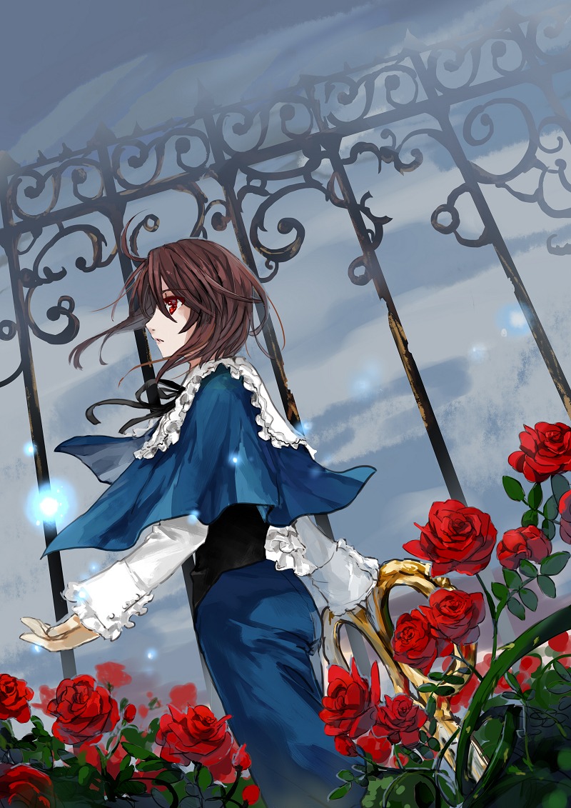 1girl blue_rose brown_hair camellia flower ib_(ib) image orange_flower pink_flower pink_rose purple_rose red_eyes red_flower red_rose rose rose_petals solo souseiseki spider_lily thorns vines white_rose yellow_rose