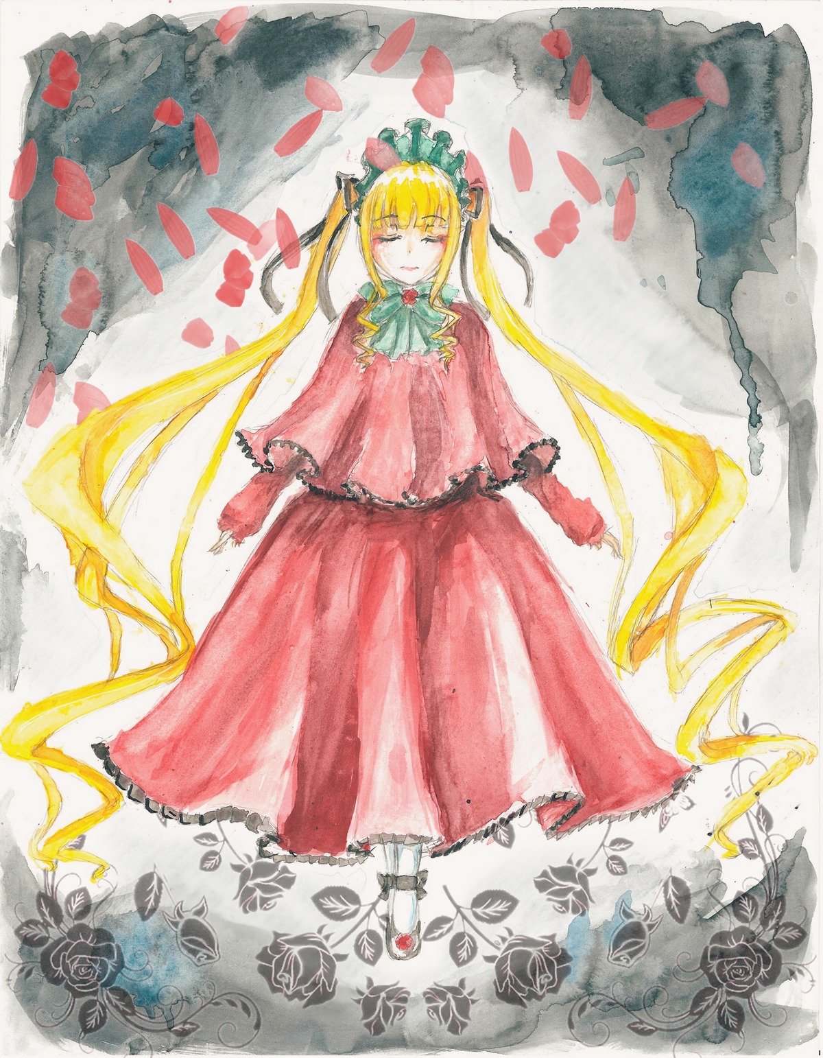 1girl auto_tagged blonde_hair bow closed_eyes dress flower gloves image long_hair petals rose rose_petals shinku smile solo standing traditional_media twintails very_long_hair watercolor_(medium)