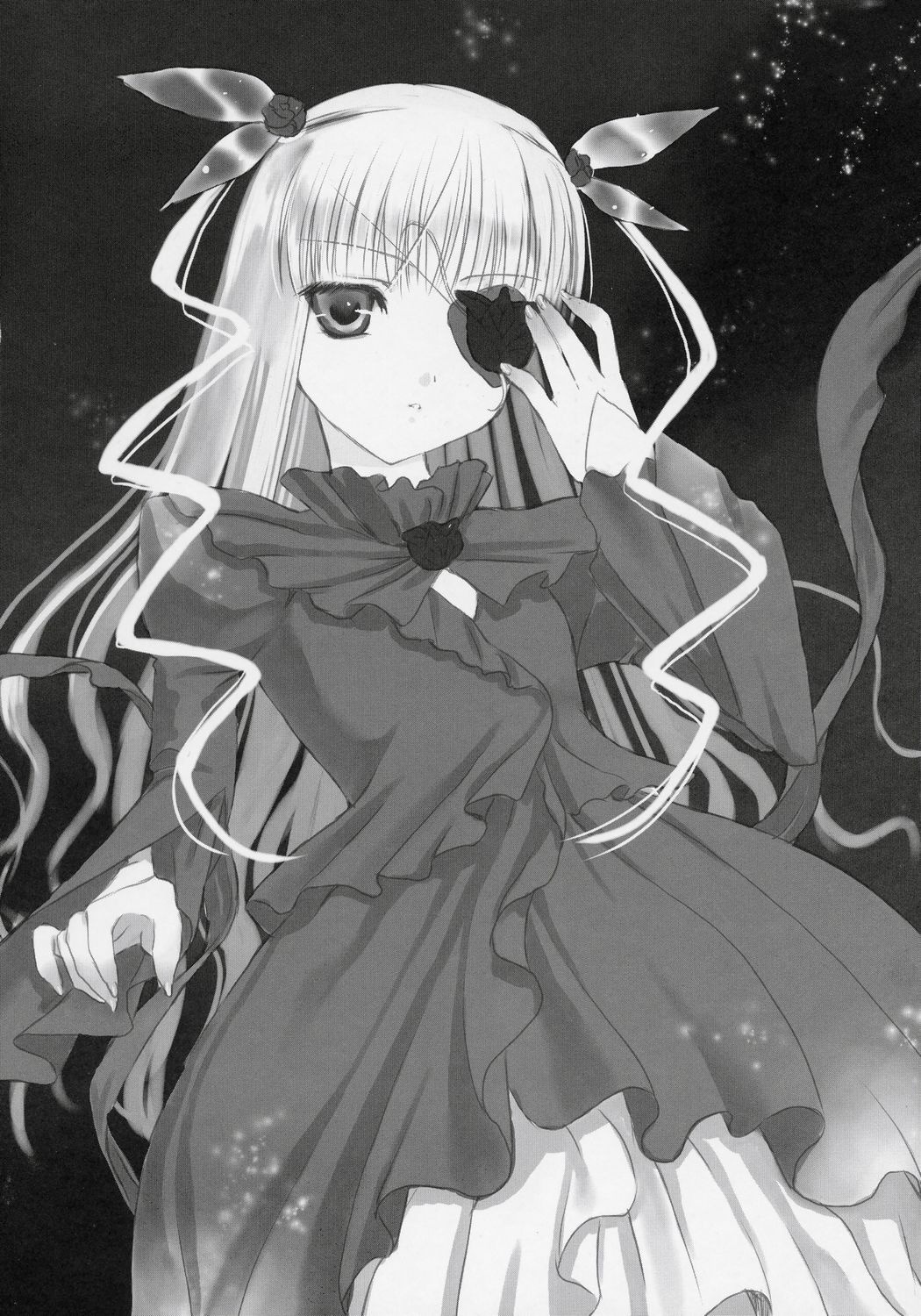 1girl barasuishou blush bow dress frills greyscale hair_ribbon image long_hair long_sleeves looking_at_viewer monochrome ribbon solo very_long_hair