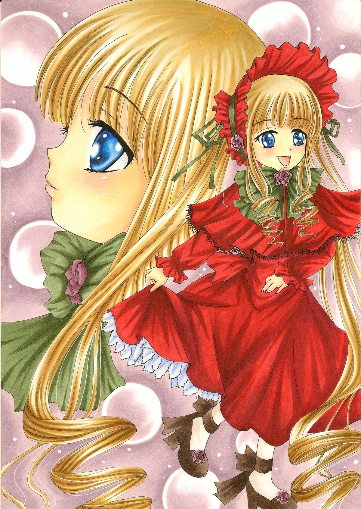 1girl blonde_hair blue_eyes blush bonnet bow dress drill_hair flower full_moon green_bow image long_hair long_sleeves looking_at_viewer marker_(medium) moon open_mouth red_dress shinku shoes smile solo traditional_media twintails very_long_hair