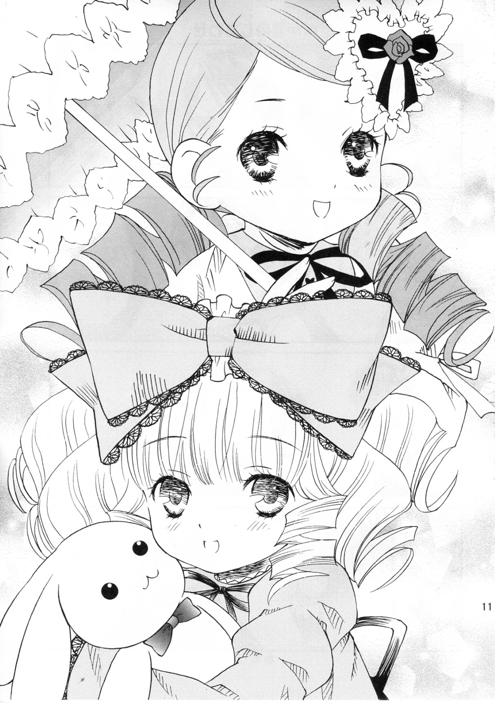 2girls :d blush bow doujinshi doujinshi_#89 dress drill_hair graphite_(medium) greyscale hair_bow hina_ichigo image long_hair looking_at_viewer monochrome multiple multiple_girls open_mouth smile stuffed_animal traditional_media twin_drills twintails