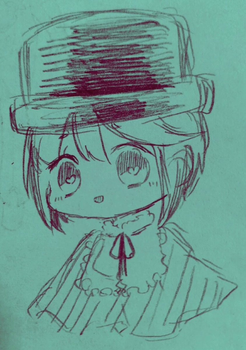 1girl bangs chibi dress eyebrows_visible_through_hair full_body hat image looking_at_viewer monochrome neck_ribbon open_mouth ribbon short_hair smile solo souseiseki standing traditional_media