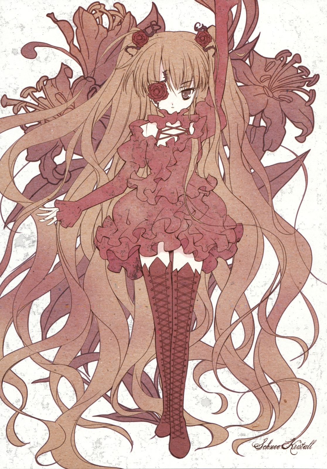 1girl boots brown_eyes brown_hair dress eyepatch flower frills highres image kirakishou long_hair red_flower red_rose red_theme room603 rose rozen_maiden solo thigh_boots thighhighs twintails very_long_hair zettai_ryouiki