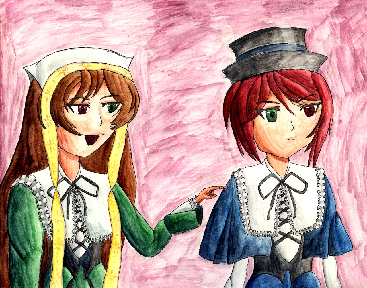 2girls brown_hair dress frills green_dress green_eyes hat head_scarf heterochromia image long_hair long_sleeves multiple_girls open_mouth pair red_eyes short_hair siblings sisters smile souseiseki suiseiseki top_hat twins