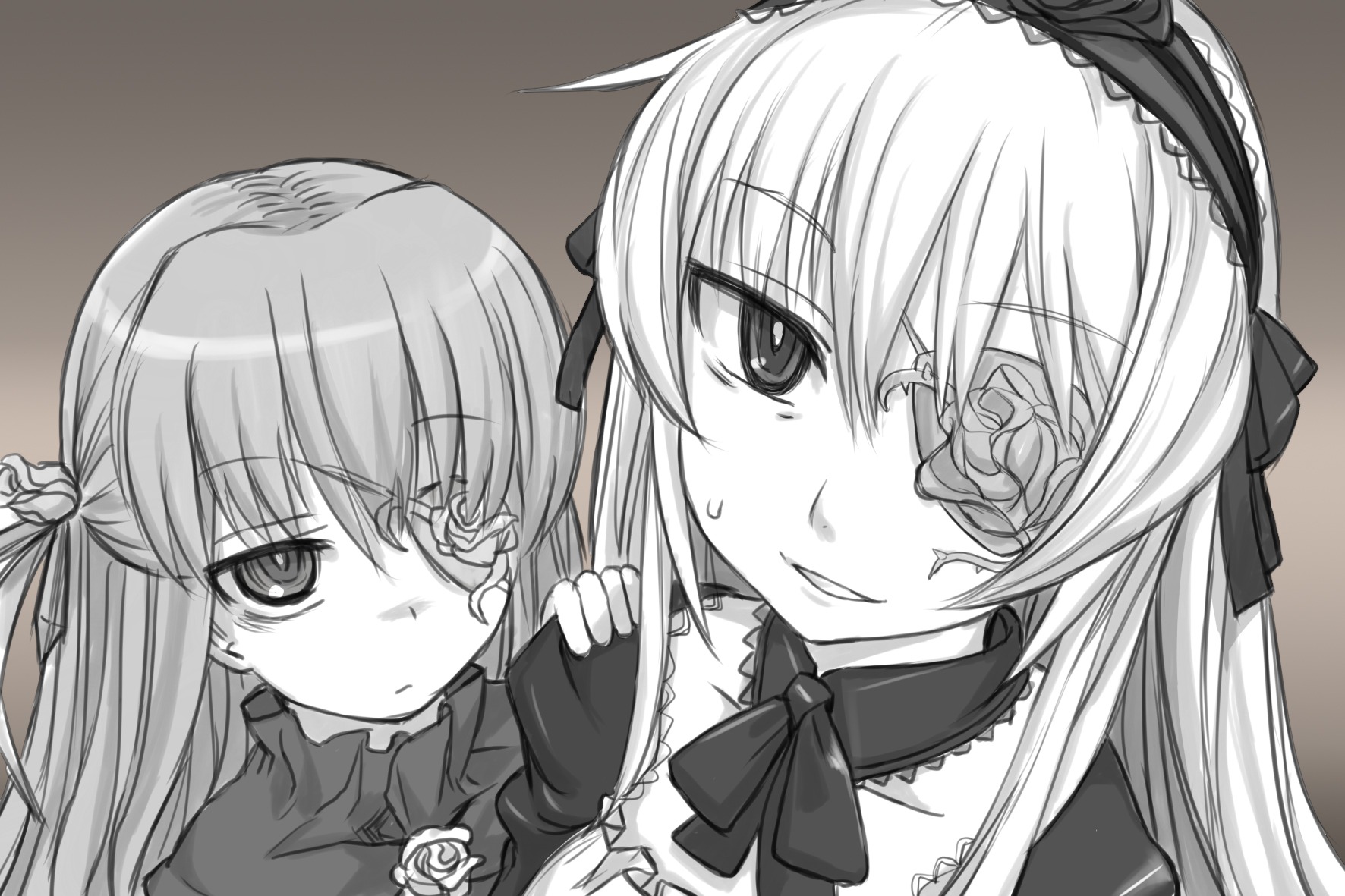 2girls costume_switch eyepatch flower frills greyscale hairband image long_hair long_sleeves looking_at_viewer monochrome multiple_girls ribbon rose shinku simple_background smile suigintou