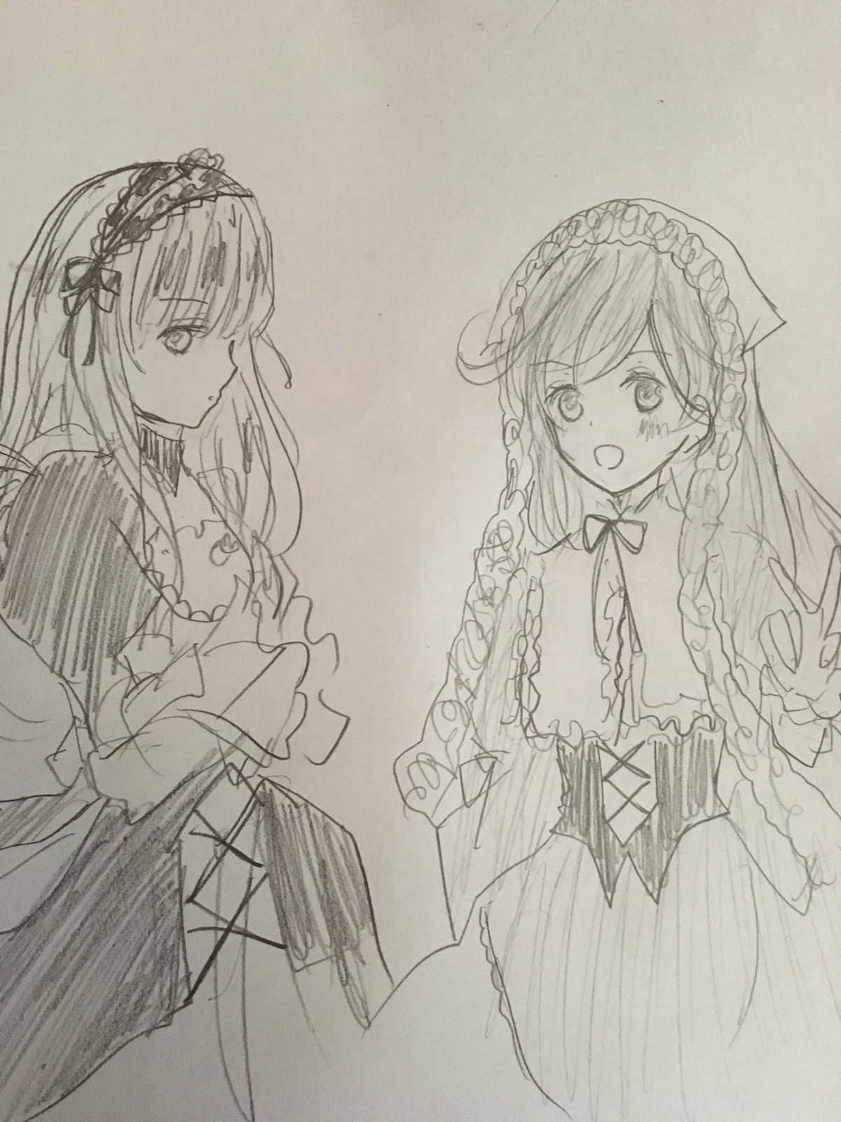 2girls :d blush braid dress eyebrows_visible_through_hair hairband image juliet_sleeves long_hair long_sleeves monochrome multiple_girls open_mouth pair smile suigintou suiseiseki traditional_media very_long_hair wide_sleeves