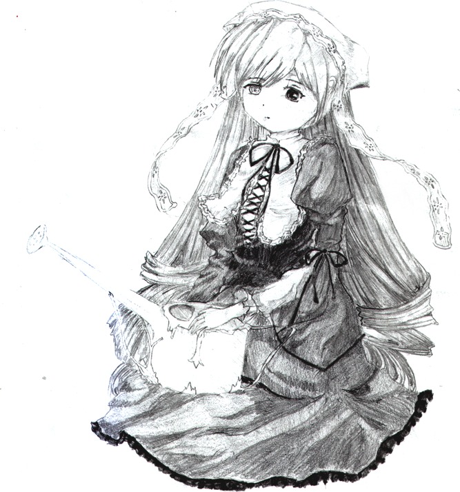 1girl dress eyebrows_visible_through_hair frills greyscale image long_hair long_sleeves looking_at_viewer monochrome neck_ribbon ribbon solo suiseiseki traditional_media very_long_hair white_background