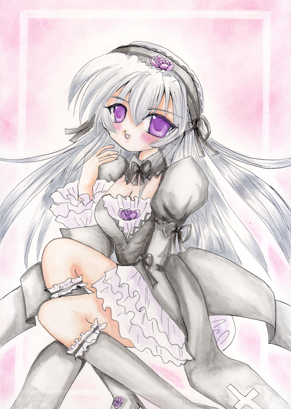 1girl blush detached_collar dress flower frills hairband image juliet_sleeves leg_garter lolita_fashion lolita_hairband long_hair long_sleeves looking_at_viewer marker_(medium) puffy_sleeves purple_eyes rose silver_hair sitting solo suigintou traditional_media very_long_hair