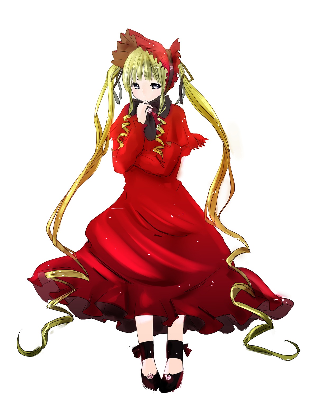 1girl blonde_hair blue_eyes blush bonnet bow dress full_body image long_hair long_sleeves looking_at_viewer red_dress shinku simple_background solo standing twintails very_long_hair white_background