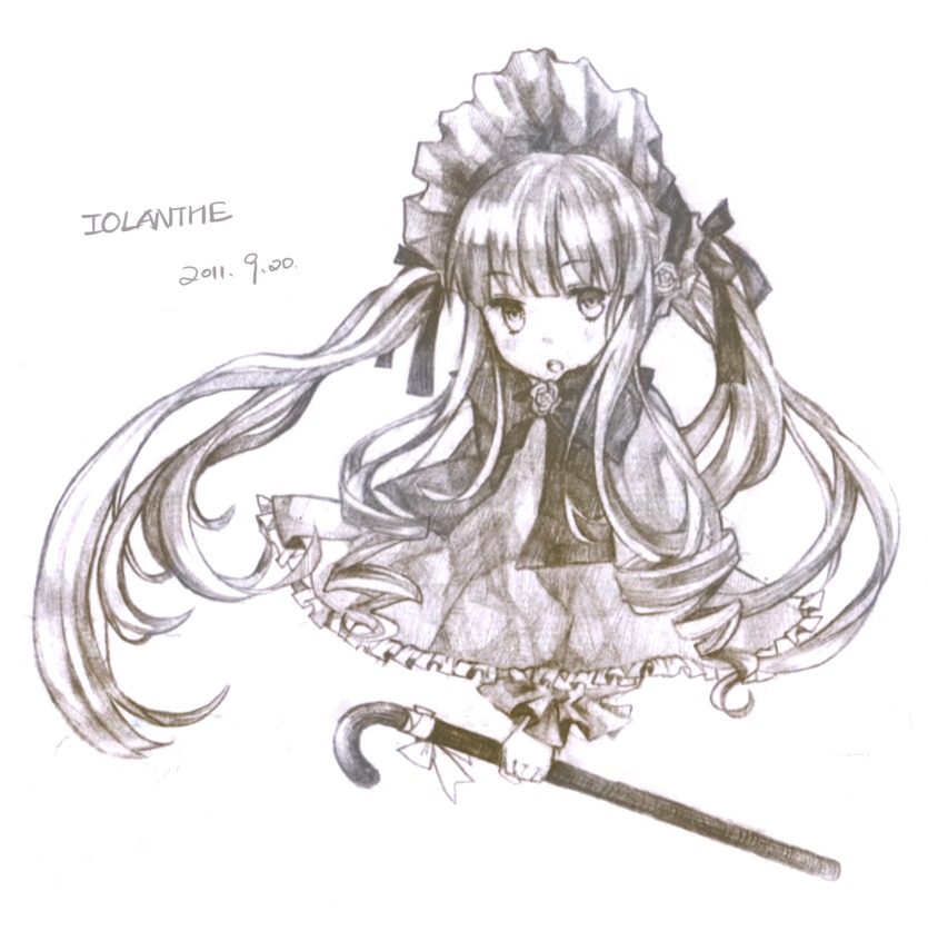 1girl blush dress frills image long_hair long_sleeves looking_at_viewer monochrome open_mouth shinku solo striped traditional_media twintails vertical_stripes very_long_hair