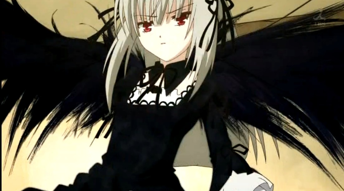 1girl bangs black_dress black_ribbon black_wings detached_collar dress expressionless flower frills hairband image long_hair long_sleeves looking_at_viewer red_eyes ribbon rose silver_hair simple_background solo suigintou very_long_hair wings