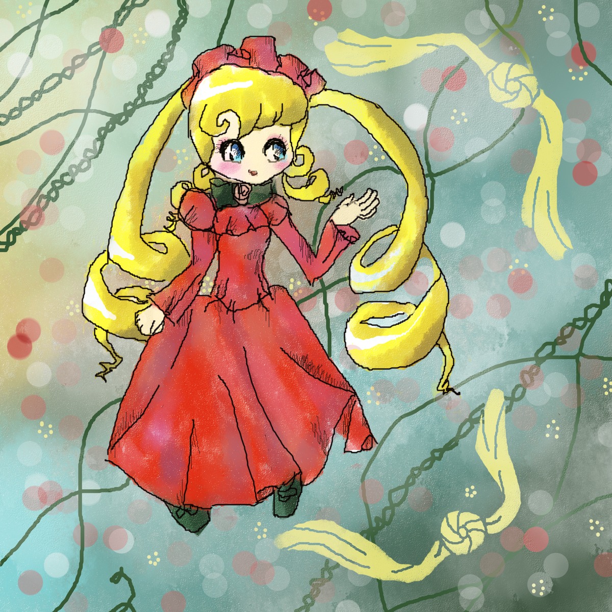 1girl auto_tagged blonde_hair blue_eyes dress flower full_body image long_hair long_sleeves looking_at_viewer polka_dot polka_dot_background red_dress shinku smile solo