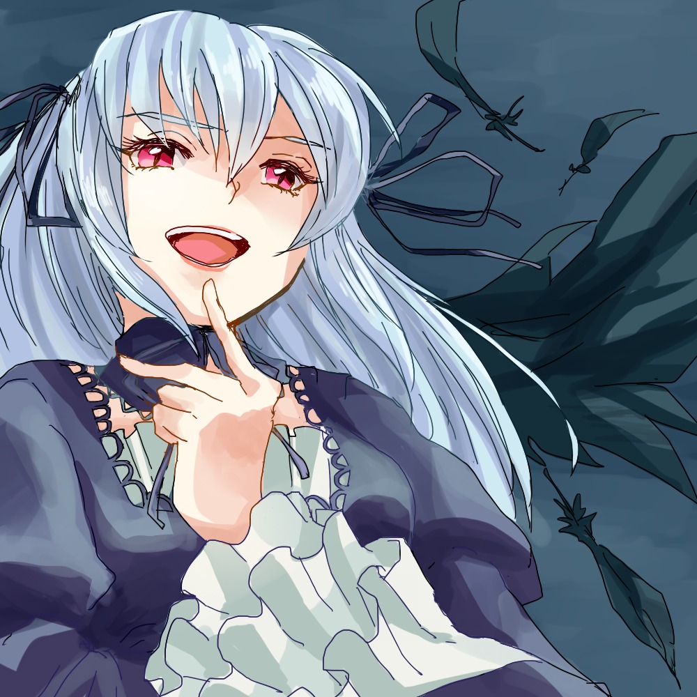 1girl black_ribbon dress frills hair_ribbon image long_hair long_sleeves looking_at_viewer open_mouth red_eyes ribbon silver_hair smile solo suigintou upper_body